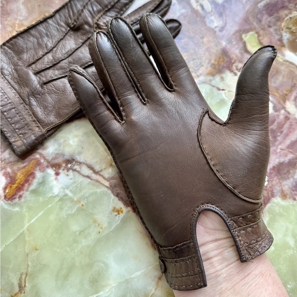 RARE VINTAGE 1970s GUCCI ITALY LADIES DARK BROWN LEATHER GLOVES GOLD LOGO EUC - Picture 8 of 8